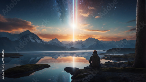 A visually captivating scene portraying an explorer's reflective visor mirroring an ethereal celestial event, showcasing a freeze-frame moment amidst an otherworldly glow.