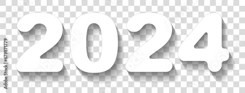 2024 with rounded corners in cut of paper style. Happy New Year. White icon with shadow on transparent background.