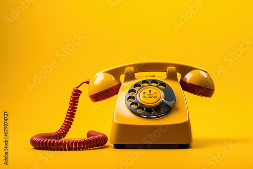 A vintage yellow telephone on a yellow background