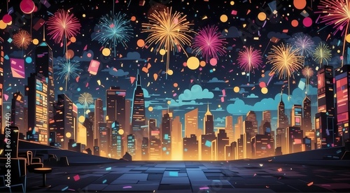 a colorful illustration showing a New Year's Eve background. Generative AI.