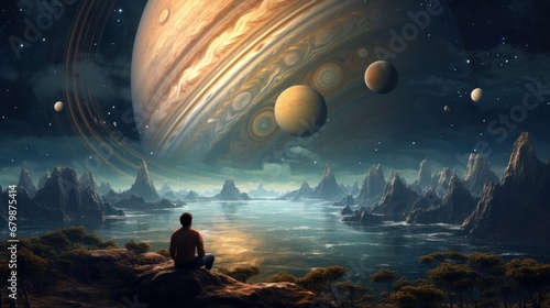 Journey to Jupiter. The man sitting on a stone overlooking planets. Generative AI.
