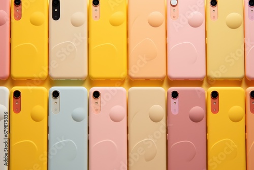 array of silicone phone cases in varying shades of yellow and peach, neatly organized for display