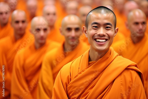 Tibetan monk in his orange robe smiling standing with his companions behind him out of focus