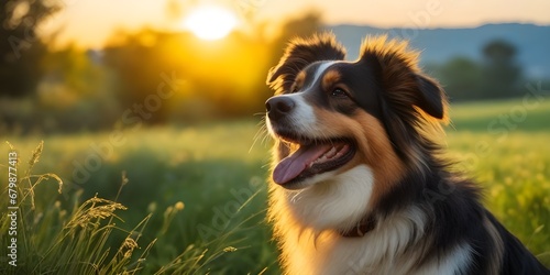 perro sonriendo en un prado verde al aire libre y un hermoso atardecer, copyspace