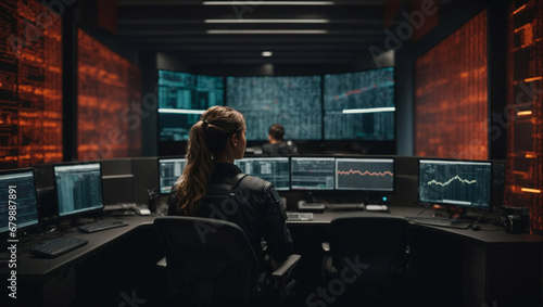 Vigilant cybersecurity professional guarding a digital fortress, surrounded by walls of code and firewalls, defending against cyber threats and breaches. Cybersecurity concept background. Copy space.