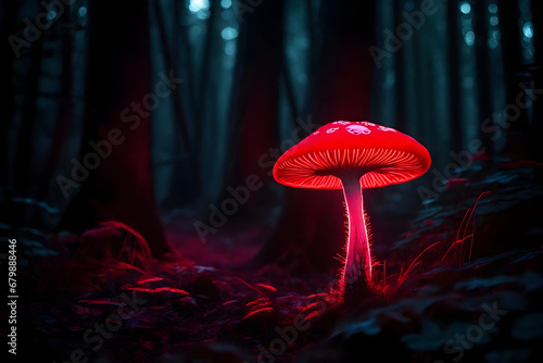 Red glowing mushrooms in a dark forest with twinkling red light. Neon glowing mushrooms. AI Generative.