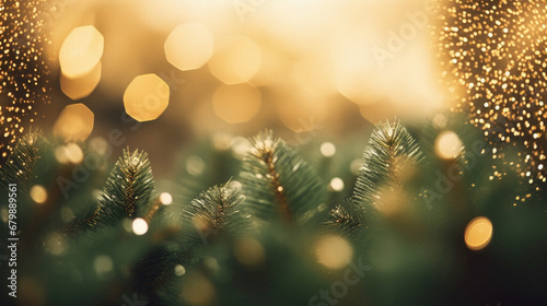 Christmas background with bokeh defocused lights and fir tree.