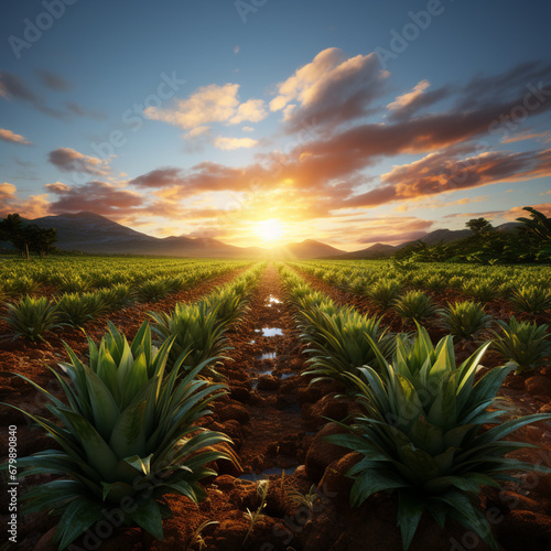 Contemplação da magnífica paisagem de uma plantação de abacaxi em uma fazenda ao nascer do sol.