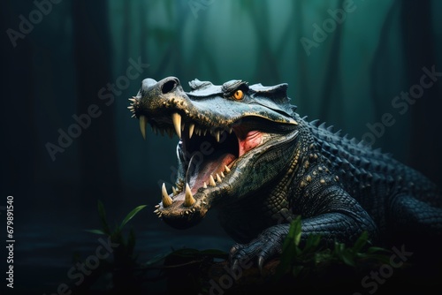 A mesmerizing alligator on a dark background.