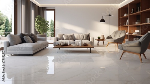 a contemporary living space featuring polished porcelain floor tiles, offering a sleek and low-maintenance flooring solution.