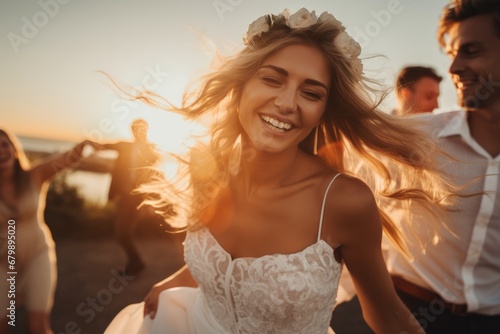 Sunset Bliss: Newlywed Couple Dancing with Joy and Laughter in the Glow of Love