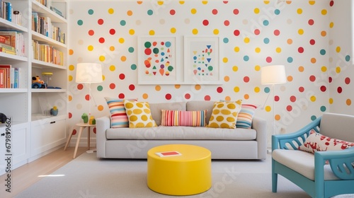 A playful playroom with colorful polka dot wallpaper and bright furnishings.