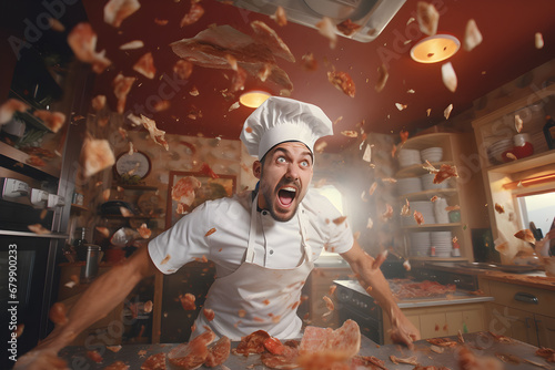 Raging chef over the table with red meat in the kitchen with flying pieces of meat in the air, overreacting cook, copy space