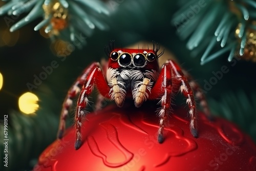 a cute jumping spider hiding in a christmas tree