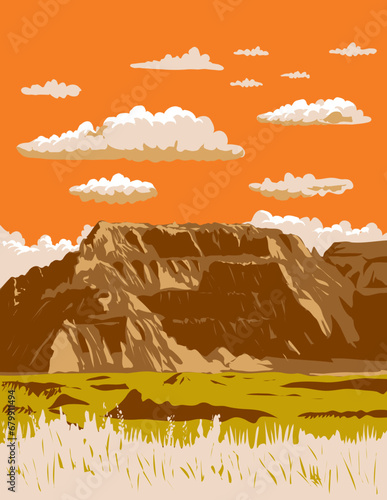 WPA poster art of sharply eroded buttes and pinnacles in Badlands National Park located in southwest South Dakota USA done in works project administration or federal art project style. 