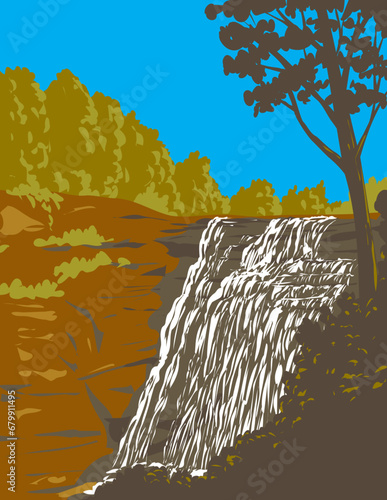 WPA poster art of Bridal Veil Falls in Cuyahoga Valley National Park between Cleveland and Akron, Ohio USA done in works project administration or federal art project style. 