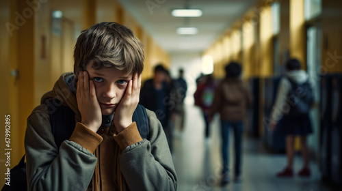 Dziecko chowa twarz w rękach na szkolnym korytarzu. Wystraszone, przygnębione.