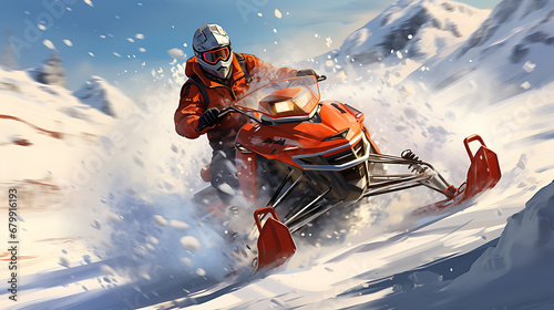 driving snowmobile motor in winter, snow, sport