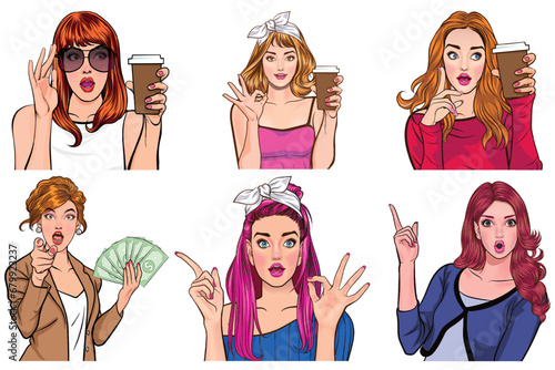 Set of beautiful girls comic pop art style with colorful fashion & hairstyle holding coffee , cash money . Wow pop art face with glasses & sexy surprised expression. Vector pop art retro comic style .