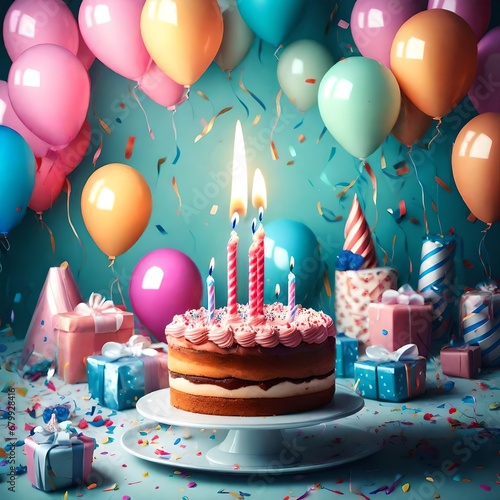 Beautiful happy birthday Background With Balloons, cake with candel and happy birthday texted on it Generative Ai techno