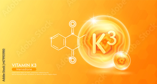 Vitamin K3 essential supplement to the health body. Orange vitamins complex and chemical formula structure. Minerals collagen serum. Beauty nutrition skin care design or cosmetic. 3D vector.