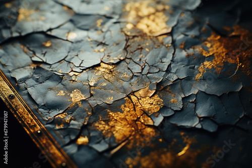 Close-up image of a textured surface with crackled gold and blue paint, creating a luxurious vintage background.