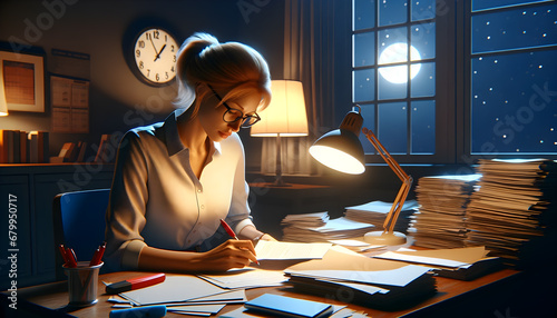Focused woman or teacher marking homework late at desk with lamp light, papers, and clock
