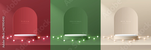 Set of 3D background red, cream and green realistic cylinder podium with neon light bulb and arch shape backdrop. Mockup product display. Mery christmas, New year minimal wall scene. Stage showcase.
