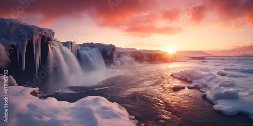 Icelandic Winter Magic Godafoss at Sunset,, Dusk Serenity Godafoss Cascade in Winter Generative Ai