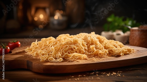 noodles are sitting on top of a wooden board