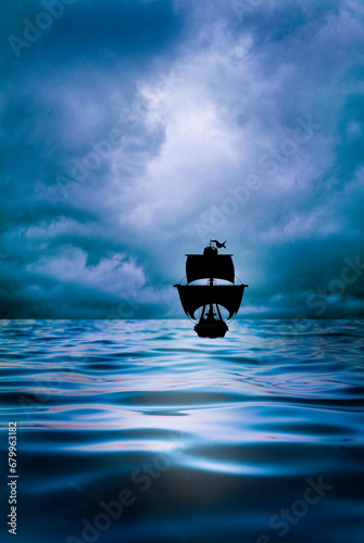 pirate ship silhouette sailing on a tranquil sea, with cloudy sky above