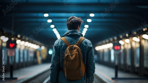 Back view of a young man standing on the railway station platform with a backpack.