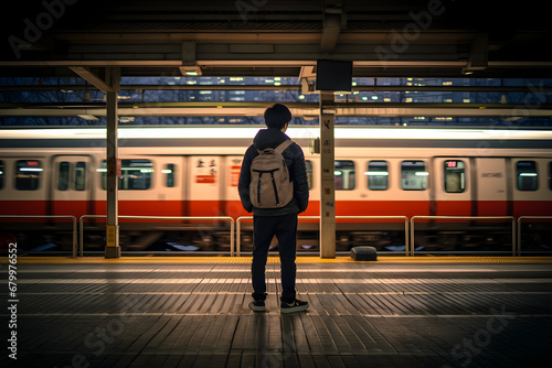 Back view of young teenager with backpack waiting at large train station