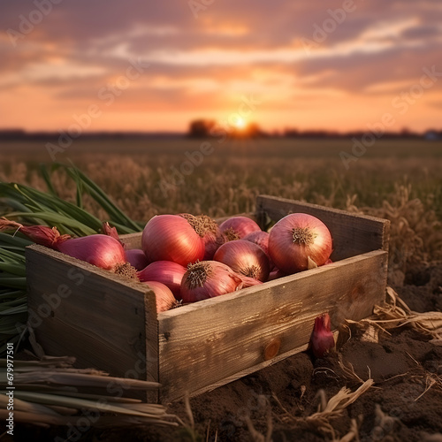 Red onions harvested in a wooden box with field and sunset in the background. Natural organic fruit abundance. Agriculture, healthy and natural food concept. Square composition.