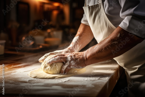 A chef is using a rolling pin to flatten dough