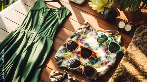 A neatly laid-out assortment of summer dresses, sunglasses, and sandals