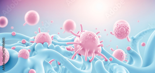medical pharmaceutical research 3d background. Tumor microenvironment concept with cancer cells, nanoparticles, cancer associated fibroblast layer of tumor microenvironment normal cells