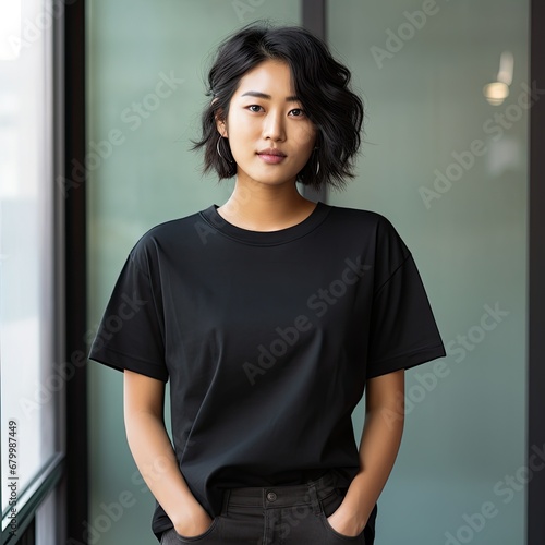 25 year old asian woman wearing a plain black tshirt on a studio background - mockup template