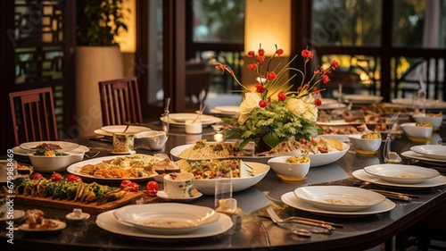 the dining table is set with a lavish spread of traditional Chinese dishes