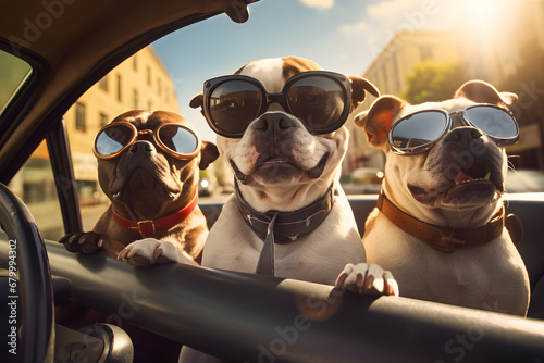 Funny cute dog and friends in car go to travel.