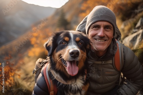 Happy senior man hiking with his dog in the mountains at sunset.