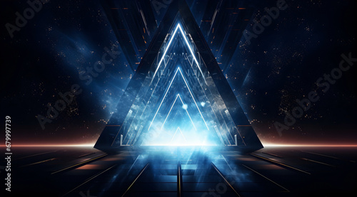 A majestic blue triangle with blue glow acting as a portal to an unknown cosmic adventure.