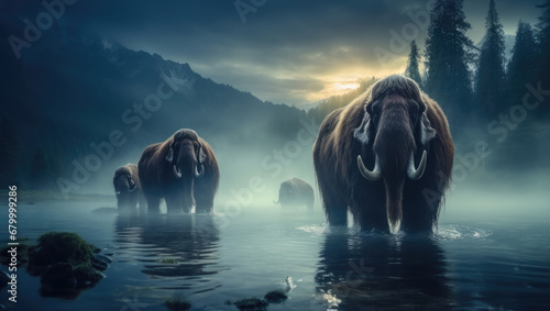 Woolly mammoths on summer mountain pond at night, Waterfall mist.