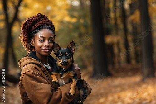 black woman smiling with a dog, quality photography, image sharp/in-focus image, shot with a canon eos 5d mark iv dslr camera, with an ef 80mm f/25 stm lens, iso 50, shutter speed of 1/8000 second