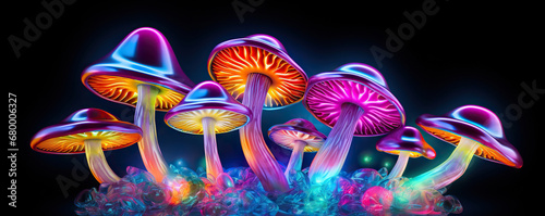 Multicolored hallucinogenic mushrooms on black background