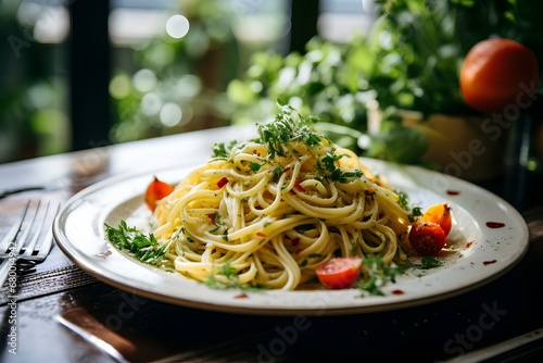 pasta plate with linguini with white souce. generative AI