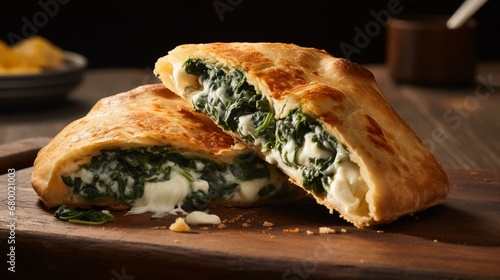 A mouth-watering angle capturing the layers of a Calzone, with ricotta and spinach peeking out from the golden-brown crust.