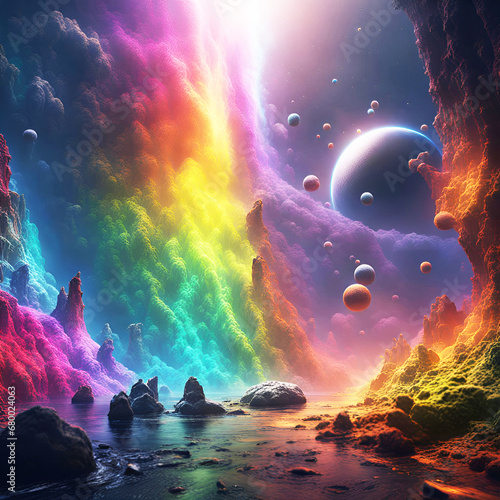 Hintergrund und Vorlage aus fantasievoller Schlucht oder Höhle mit Wasser, wie auf einem fremden Planeten, regenbogen bunt leuchtende Wolken und Planten am Himmel vor einem weiten dunklen Universum
