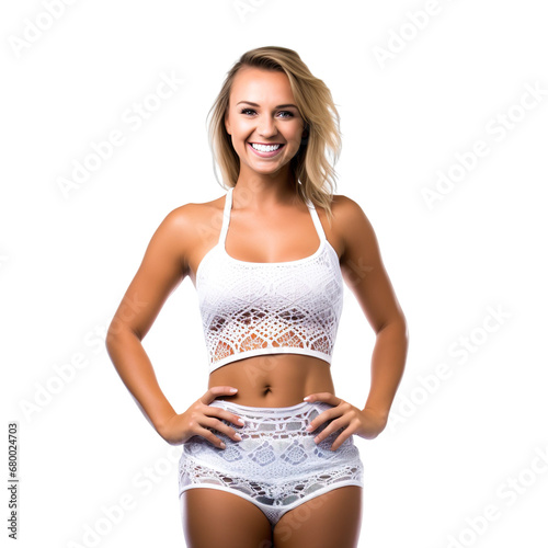 Front view mid body shot of an extremely beautiful Caucasian female model in a white lacey sexy two-piece swimsuit smiling, isolated on a white background