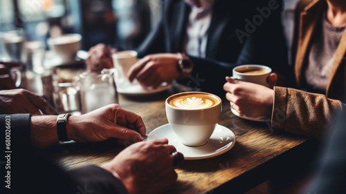 Cafe meeting with many people - hands only